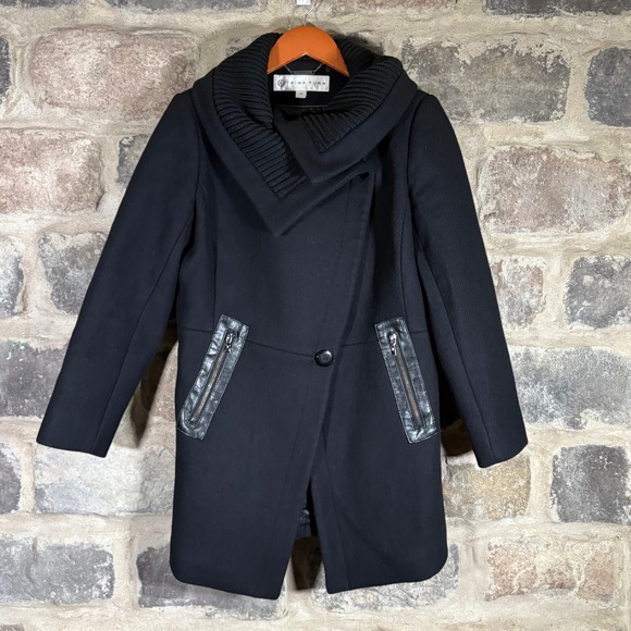 Trina Turk Wool Blend Coat Size 10 Knit Collar Black Elegant Warm Winter Peacoat - Picture 1 of 15